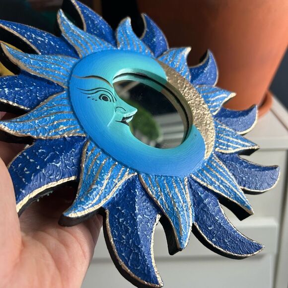 Vintage 8.5" Handpainted Blue and Gold Celestial Wall Mirror Whimsygoth - Picture 4 of 11